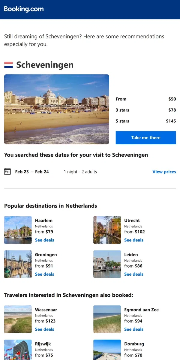 Email from Booking.com. Deals in Scheveningen from $50 for February