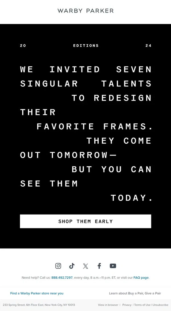 Email from Warby Parker. Early access: Warby Parker Editions