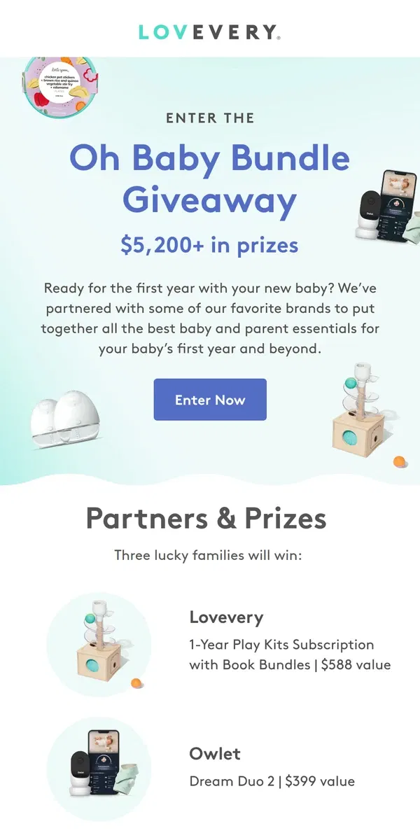 Email from Lovevery. Enter to win over $5,200 in baby essentials