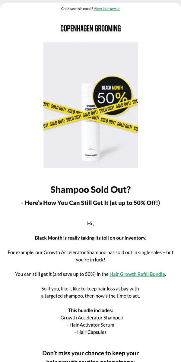 Email from Copenhagen Grooming. Our Best-Selling shampoo is going fast