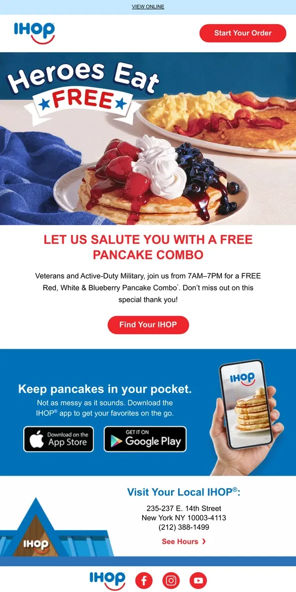 Email from IHOP. 🇺🇸Veterans Eat Free Today at IHOP!