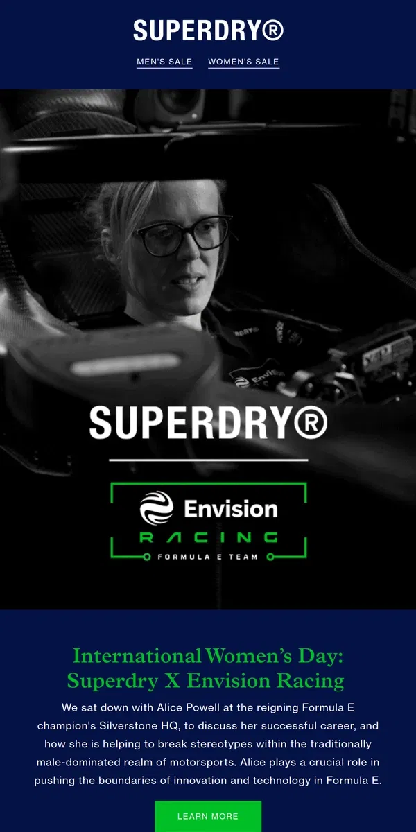 Email from Superdry. International Women’s Day: Superdry X Envision Racing​