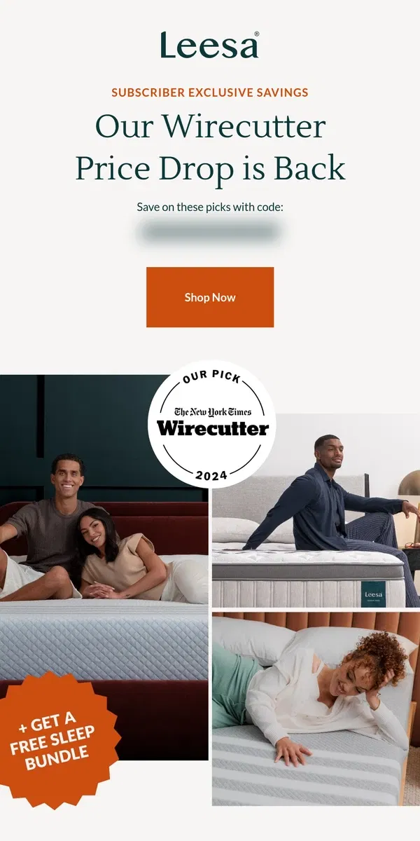 Email from Leesa. Our Wirecutter exclusive offer is back!