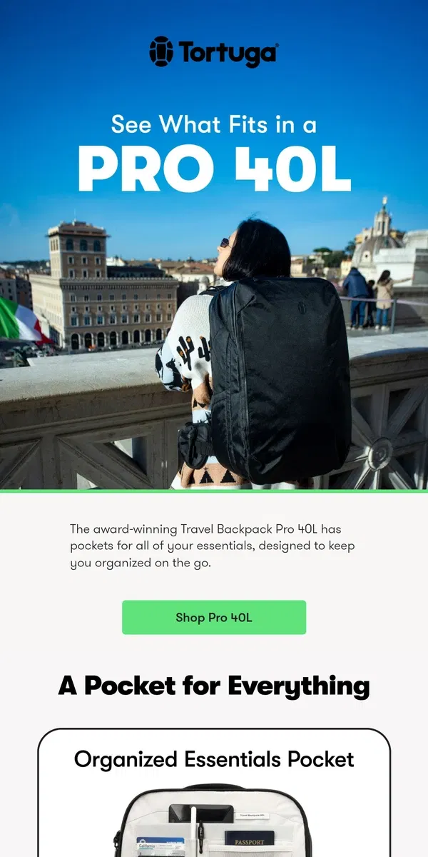 Email from Tortuga Backpacks. A Pocket For Everything