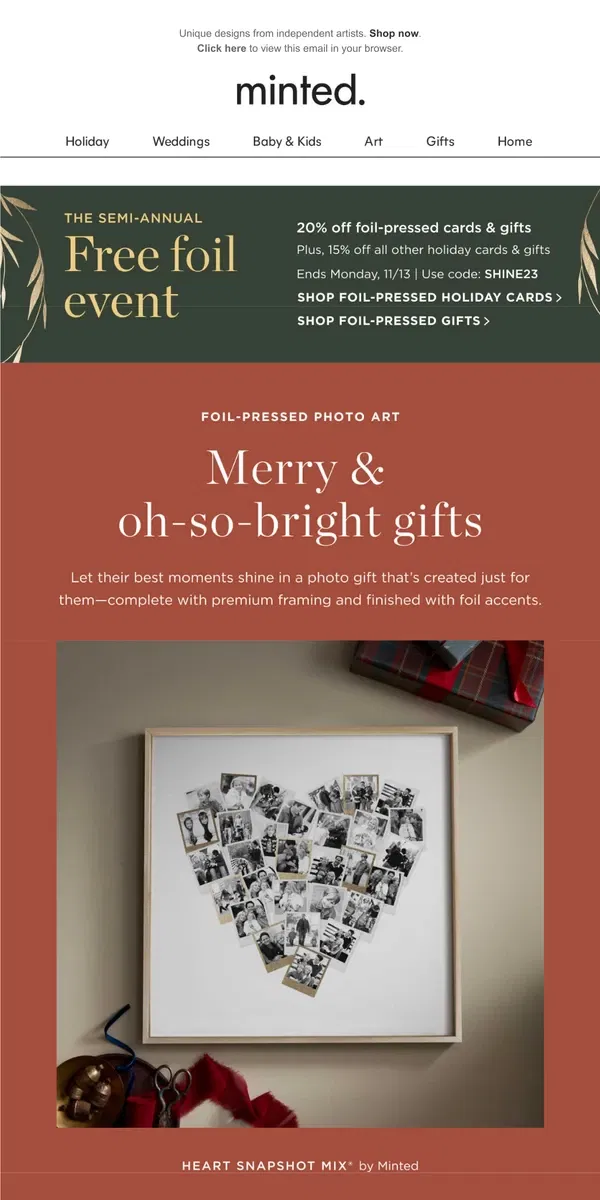 Email from Minted. 20% off gifts that glow