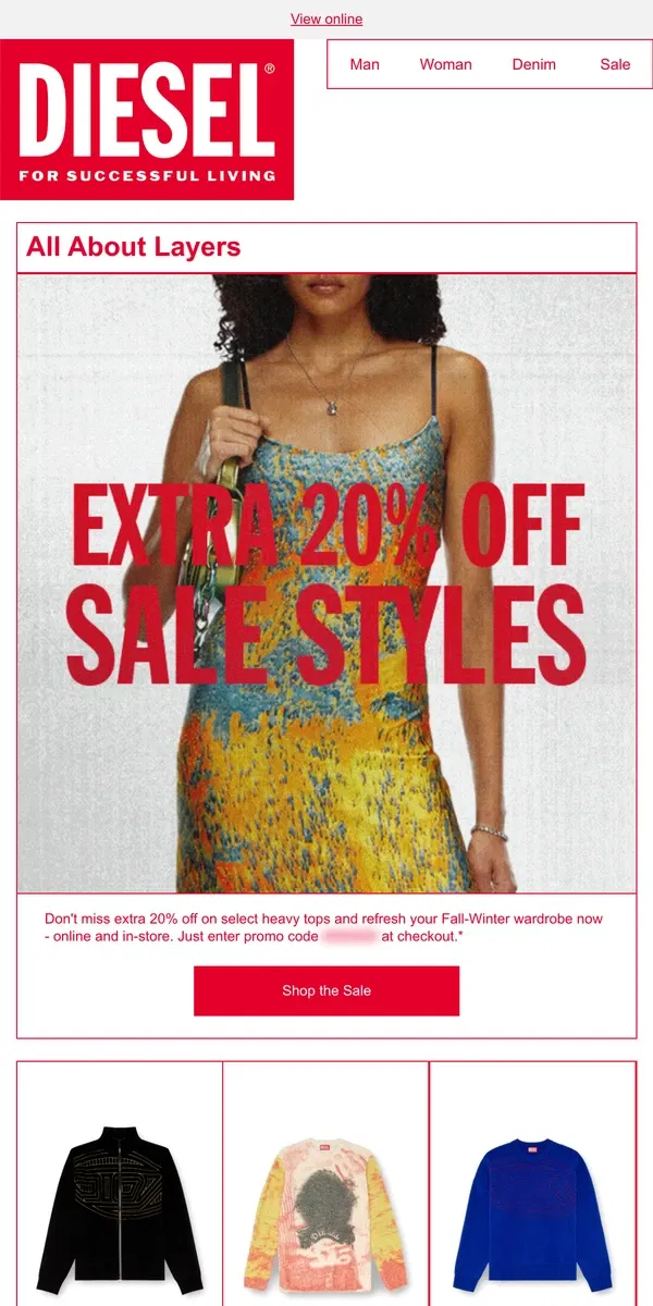 Email from Diesel. Heavy Tops: Extra 20% Off