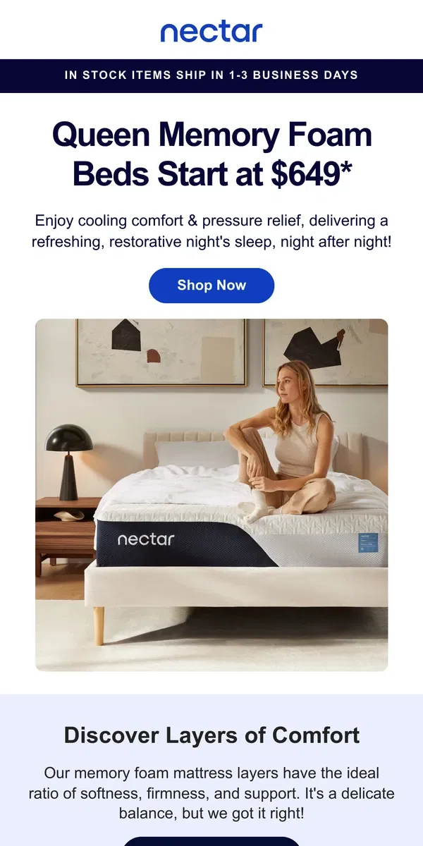 Email from Nectar. Queen size starts at $649 🛌. Wake up to better 🌞!