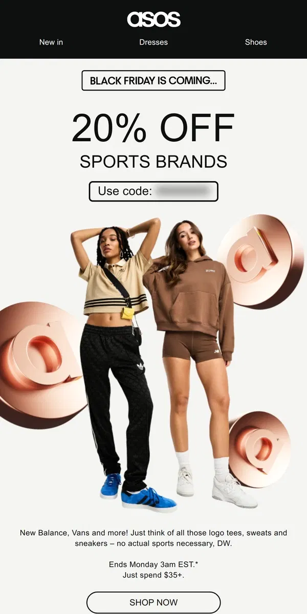 Email from ASOS. 20% off sports brands 🏆⚽️