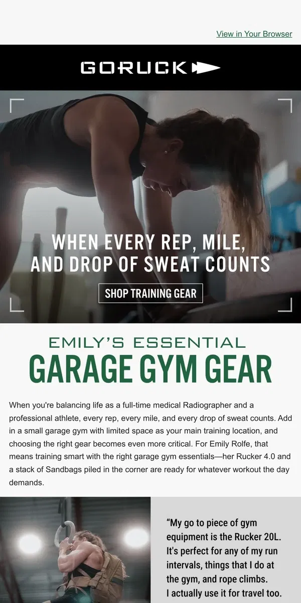 Email from GORUCK. Train Smart With the Right Garage Gym Essentials