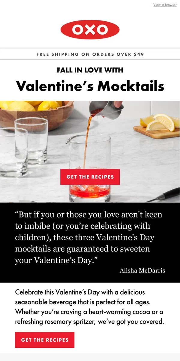 Email from OXO. Valentine's Day mocktail recipes that are sure to impress