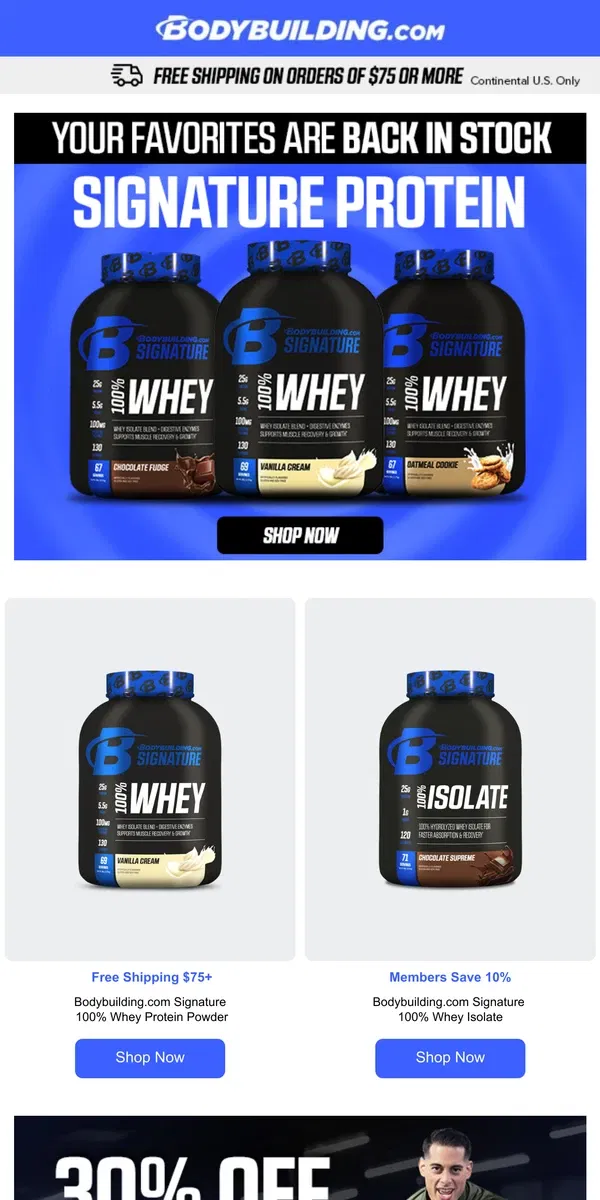 Email from Bodybuilding.com. Signature Protein is Back—Restock Your Supply Now!