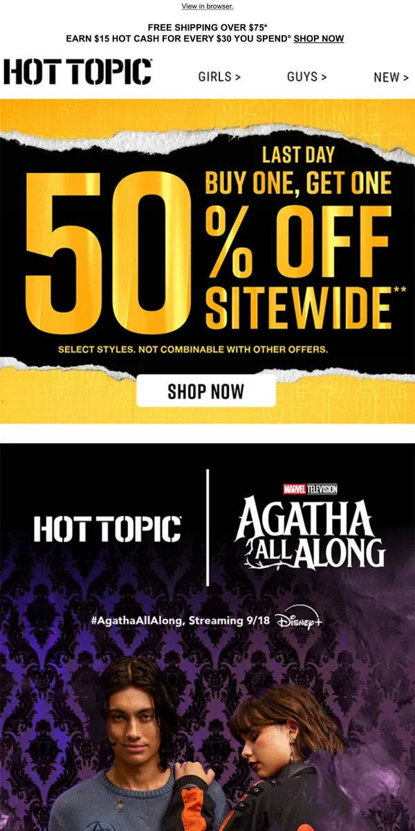 Email from Hot Topic. ⚠️ Final day to save with BOGO 50% OFF ⚠️