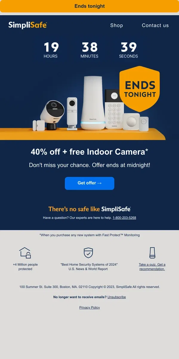 Email from SimpliSafe. Attention: your huge discount ends at midnight