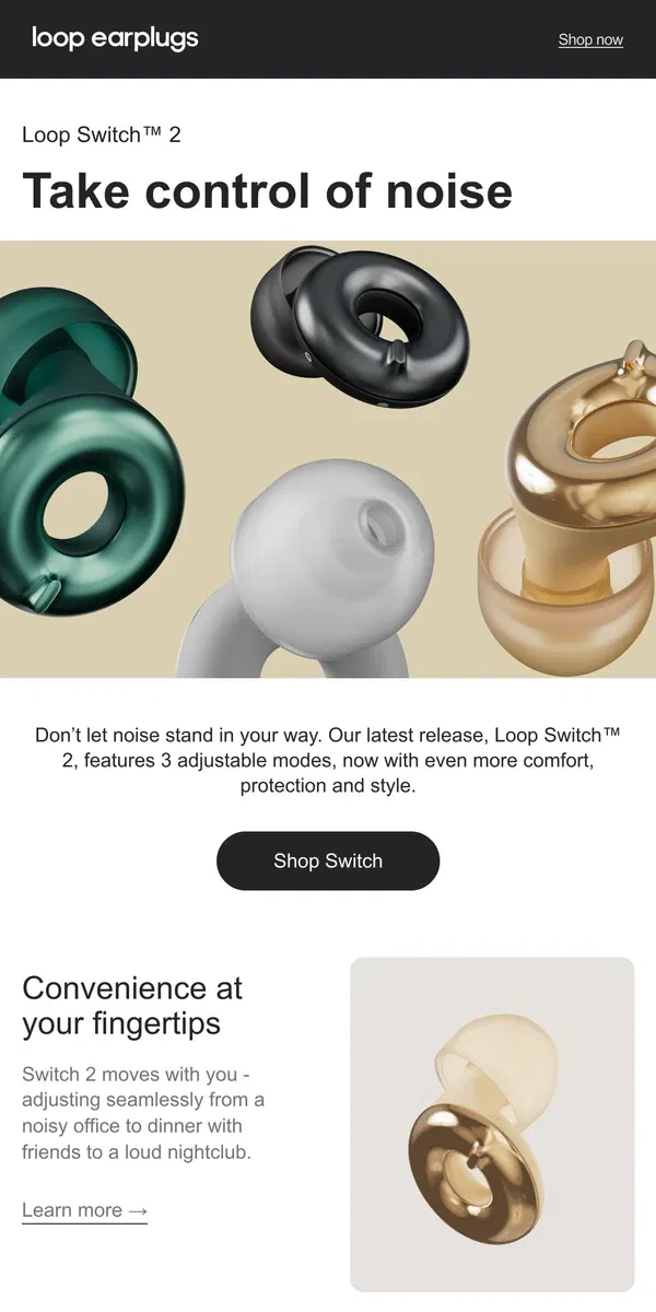 Email from Loop Earplugs. ICYMI: Switch 2