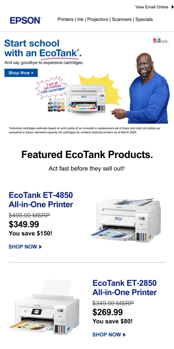 Email from Epson. Save up to $150 with Back to School Deals