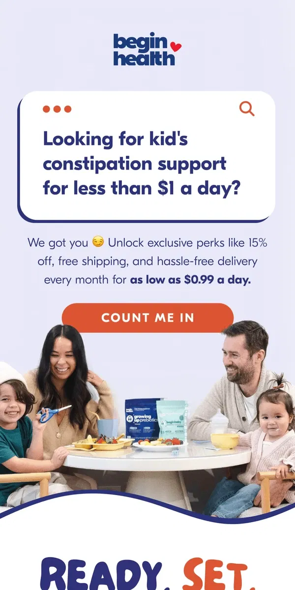 Email from Begin Health. Help Your Kid Poop for Under a $1