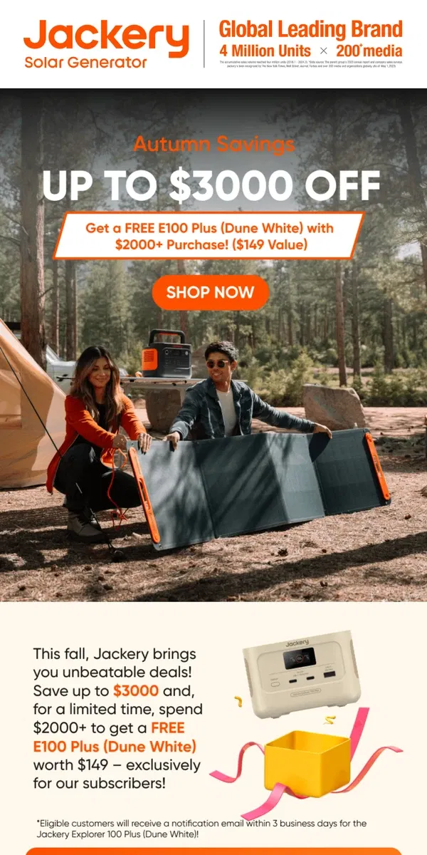 Email from Jackery. 🧑‍🤝‍🧑🍁 Fall into Savings – Up to $3000 OFF + FREE E100 Plus ( ($149 Value)