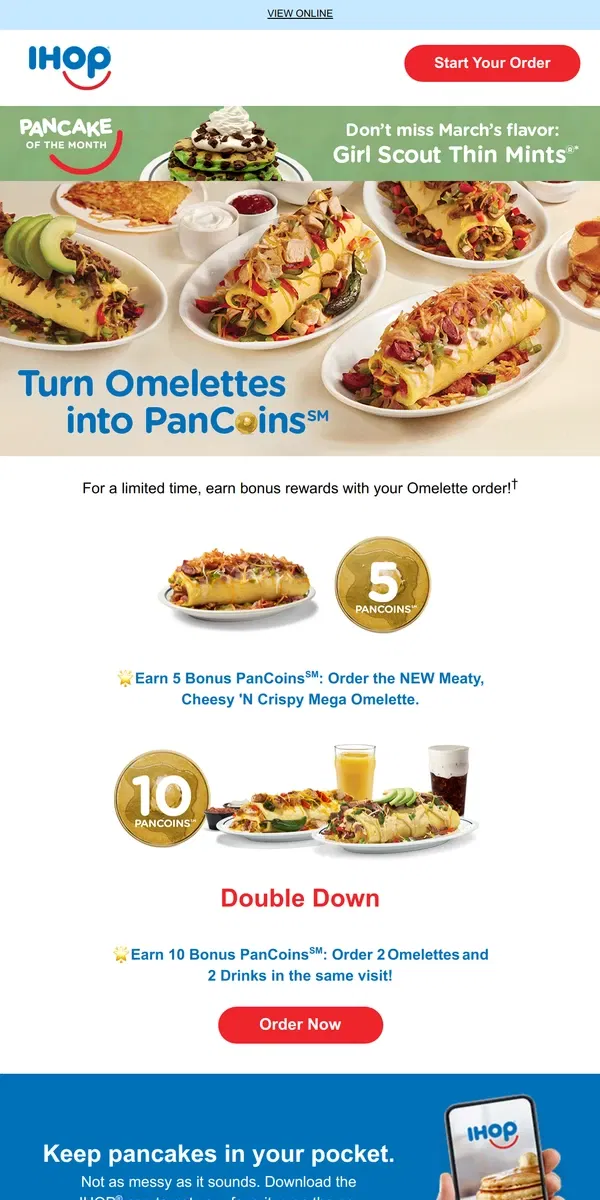 Email from IHOP. 🌟Earn Bonus PanCoins℠ in the Omelette Challenge🌟