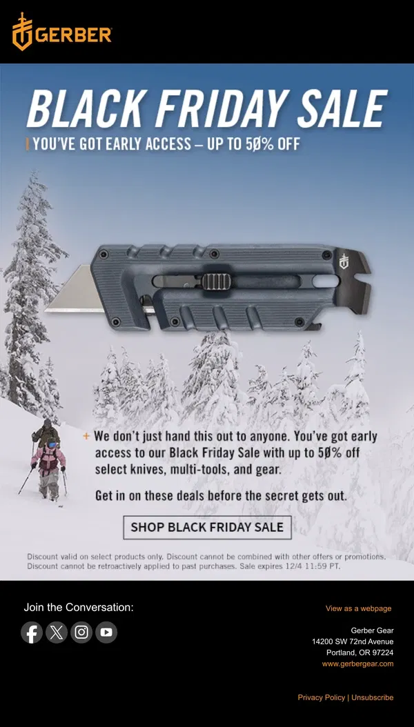 Email from Gerber Gear. VIP ACCESS: BLACK FRIDAY IS HERE