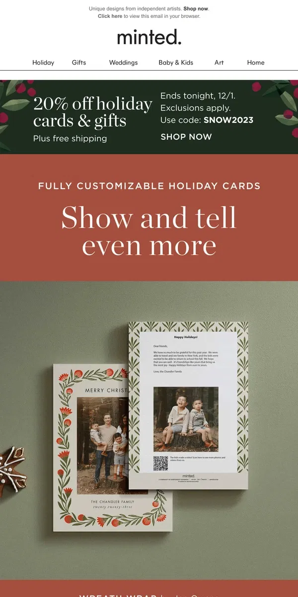 Email from Minted. 20% off fully customizable holiday cards