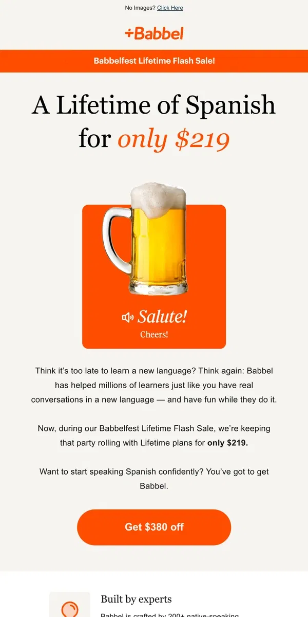 Email from Babbel. OH HEY, $219 LIFETIME 🍺