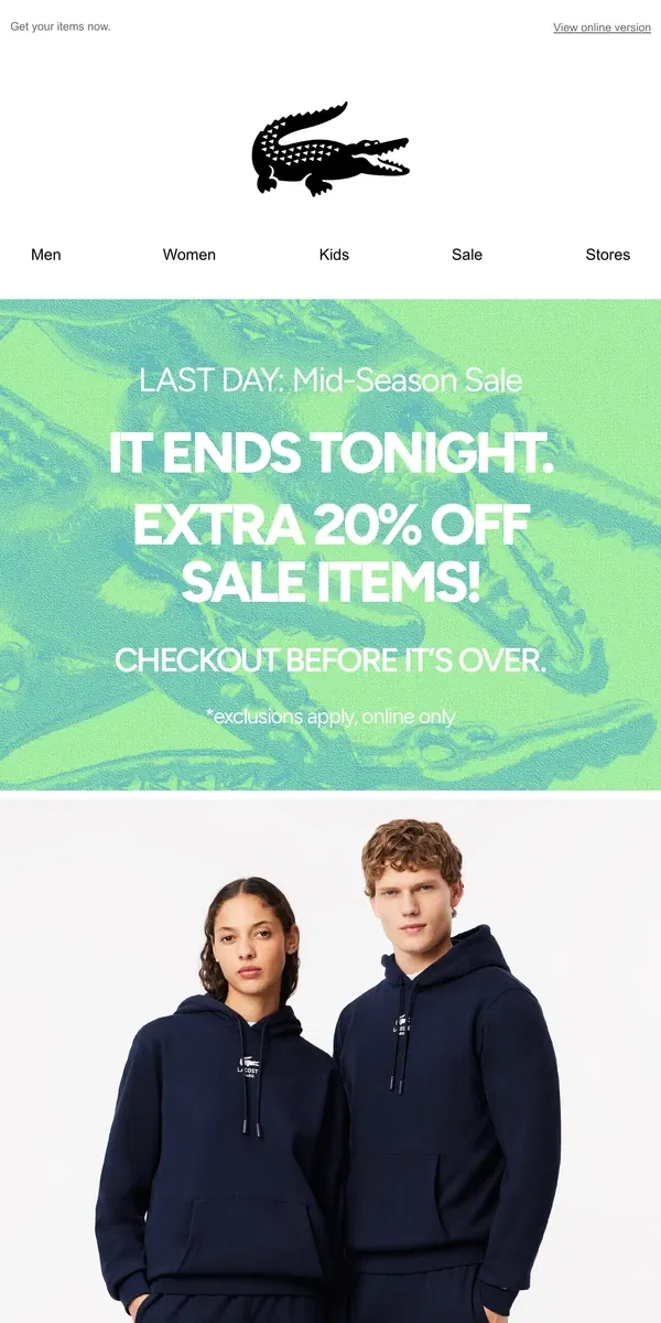 Email from Lacoste. LAST CALL: Extra 20% Off Sale Ends Soon.