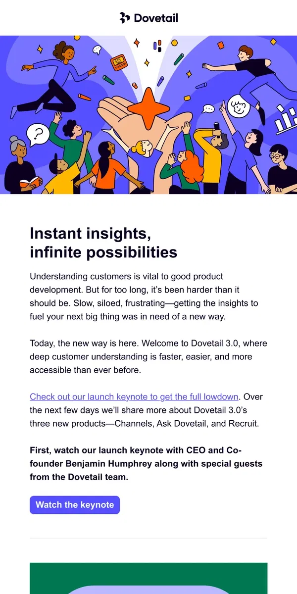 Email from Dovetail. Dovetail 3.0 is here: welcome to a new era for customer insights