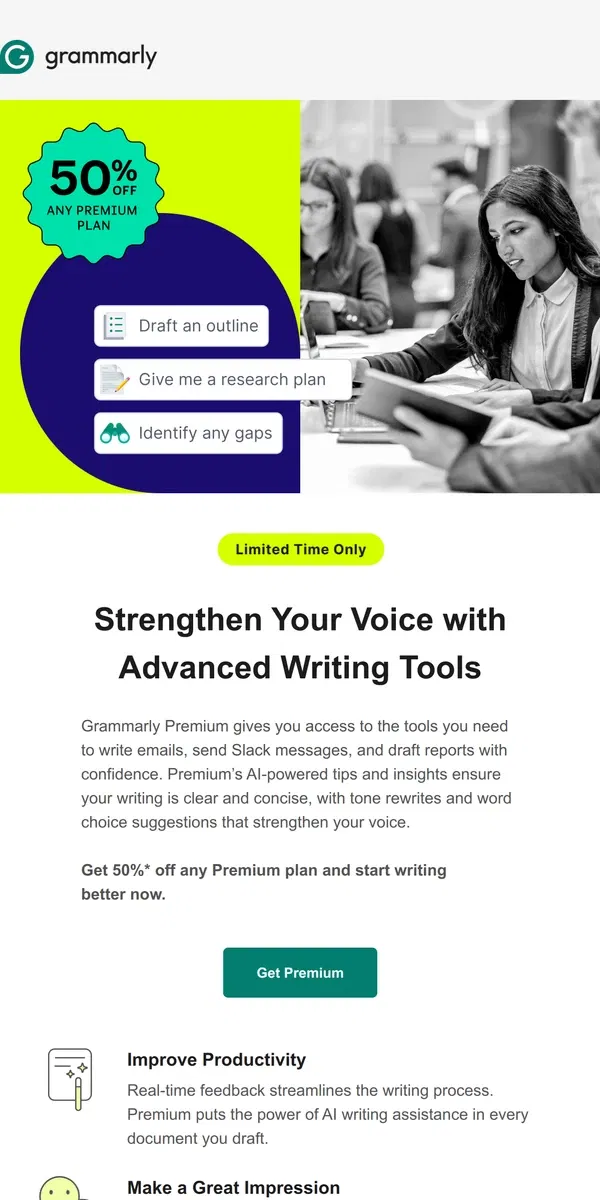 Email from Grammarly. 🔓 Unlock new levels of productivity with 50% off Premium