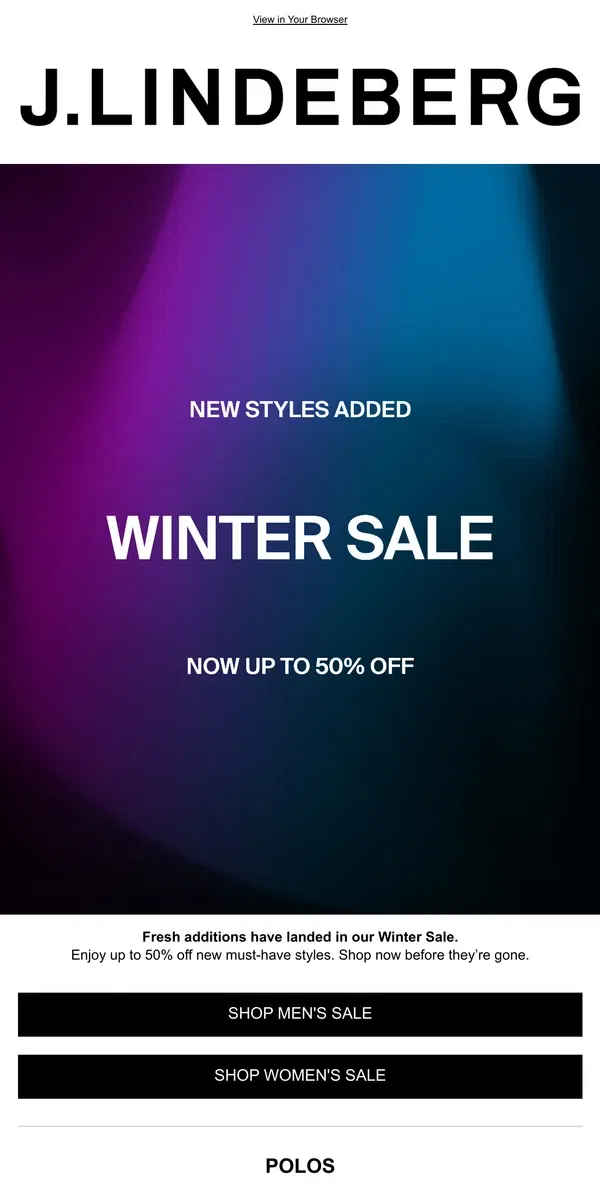 Email from J.Lindeberg. New Styles Added to Winter Sale