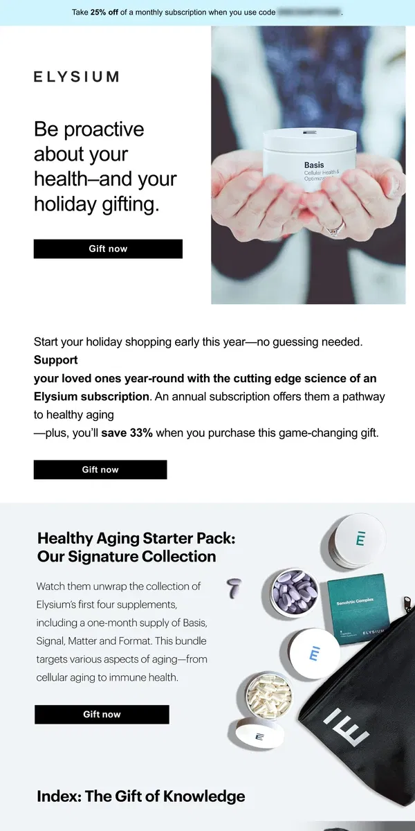 Email from Elysium Health. A healthy way to kick-start the holiday season