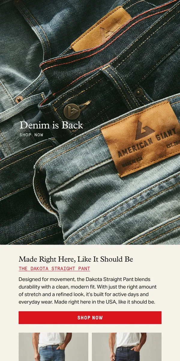 Email from American Giant. American-Made Denim, Back In Stock