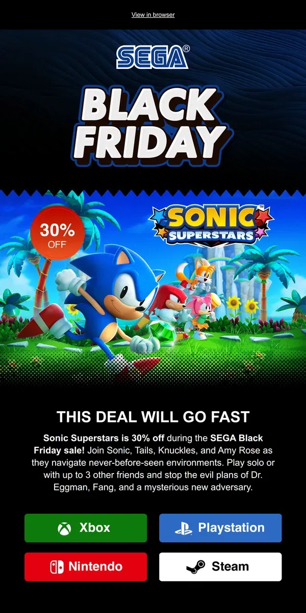 Email from SEGA. 🎮 Up to 75% Off! SEGA Black Friday Is Here Early!