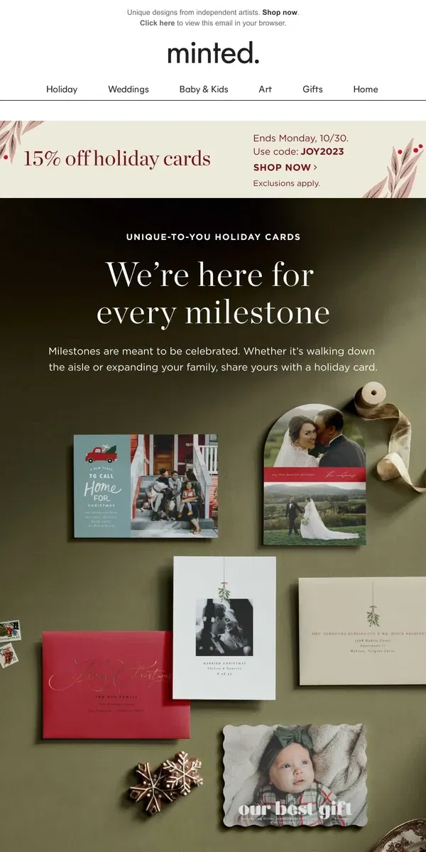 Email from Minted. Holiday cards for every milestone