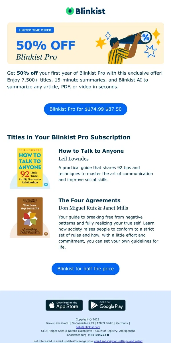 Email from Blinkist. Unlock your potential with Blinkist Pro – now for only $87.50 instead of $174.99 with 50% off