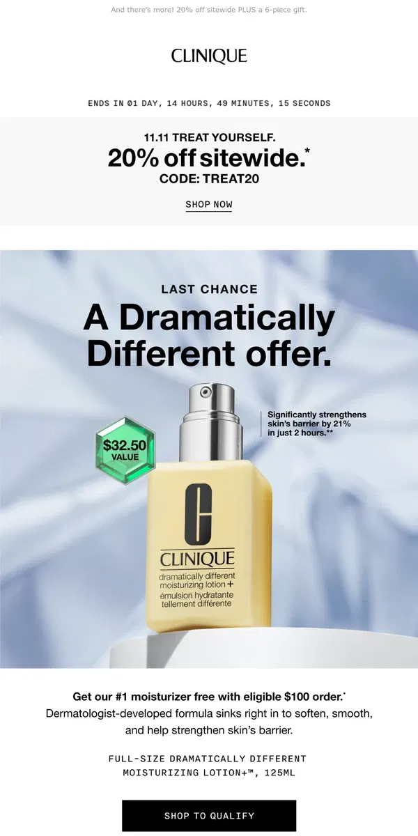 Email from Clinique. ENDS TOMORROW! Get our #1 moisturizer FREE 💛 with $100 order. 