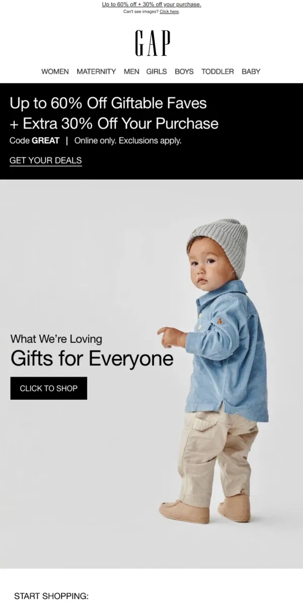 Email from GAP. Yes: you're getting up to 60% off & code GREAT until midnight