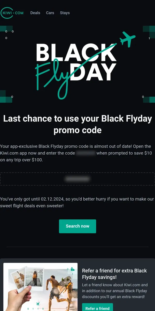 Email from Kiwi.com. Quick! Your Black Flyday promo code expires soon