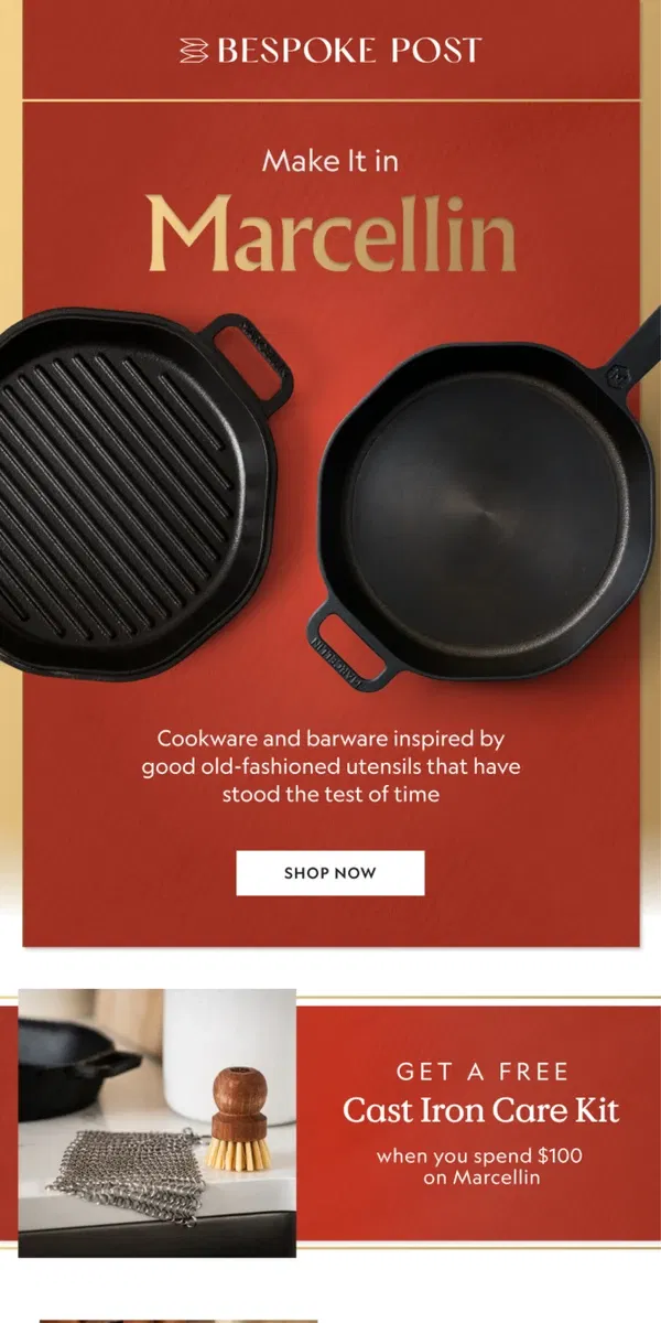 Email from Bespoke Post. FREE Cast Iron Care Kit