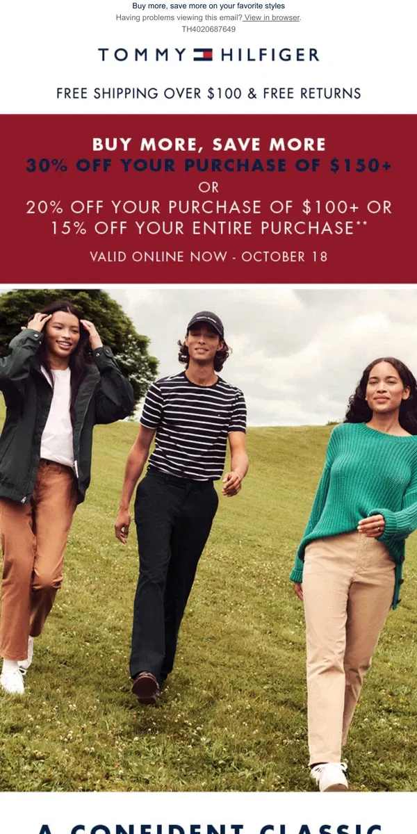 Email from Tommy Hilfiger. Fall in love with seasonal staples