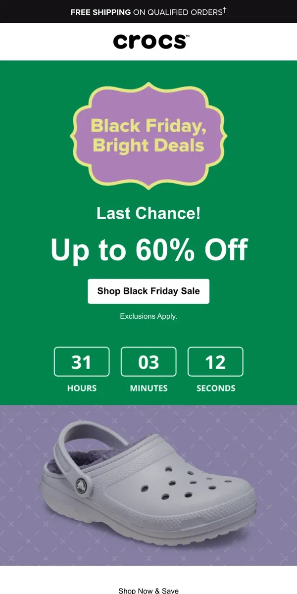 Email from Crocs. Save up to 60% off...before it's gone!