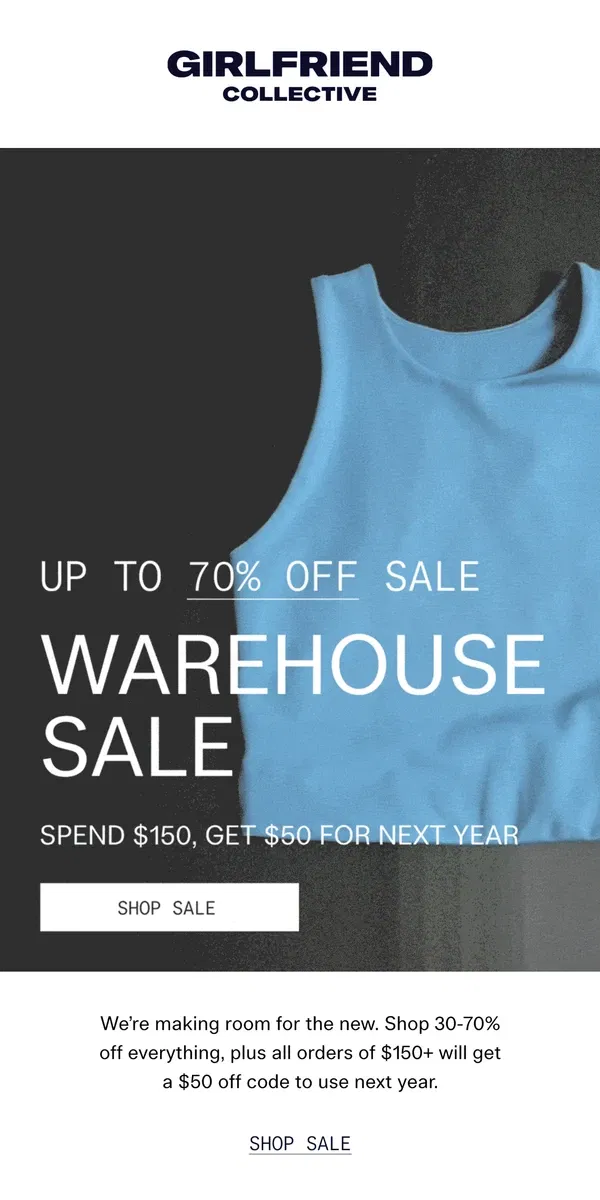 Email from Girlfriend Collective. YOU’RE IN 🔓 THE WAREHOUSE SALE