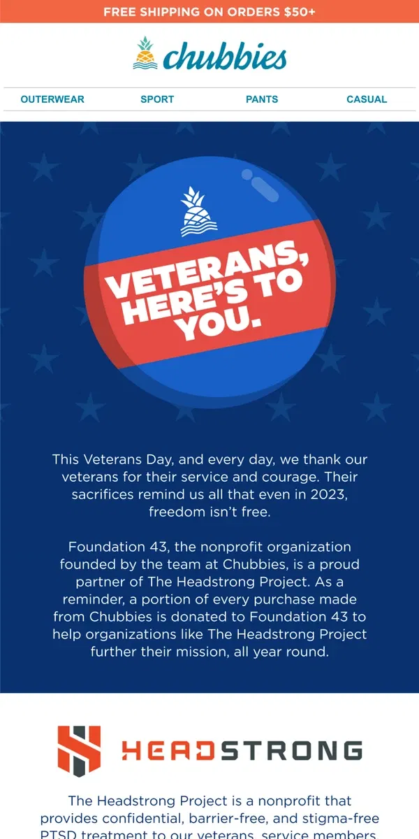 Email from Chubbies Shorts. A Salute To Our Veterans