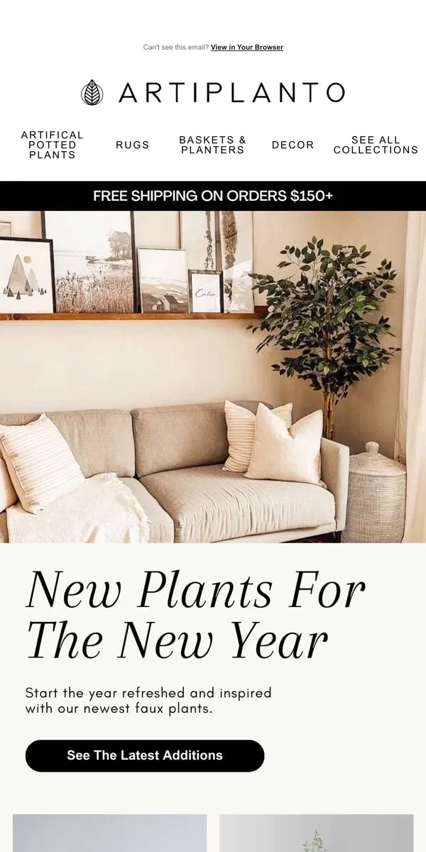 Email from Artiplanto. 🌿Revitalize Your Space: New Year, New Faux Plants