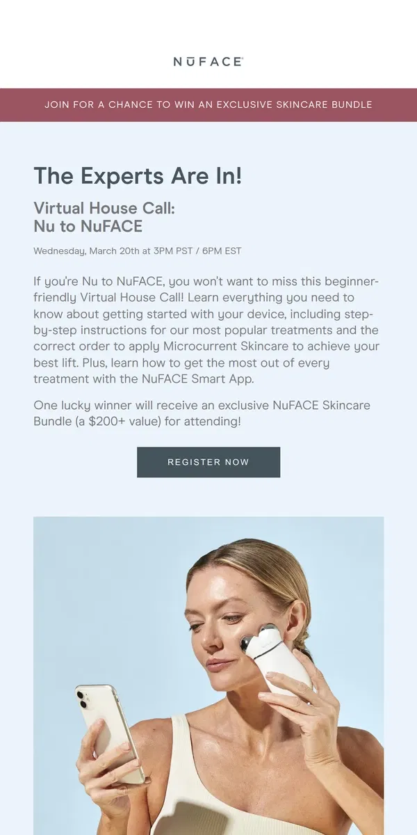 Email from NuFACE. Join the Nu to NuFACE Virtual House Call