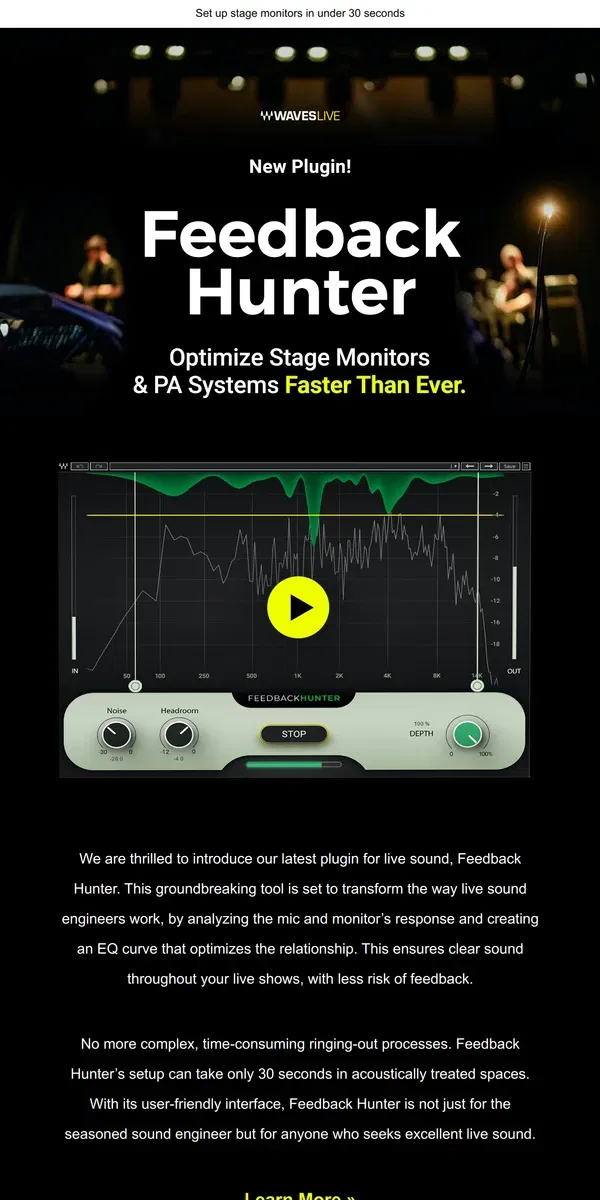 Email from Waves Audio. NEW Plugin 🎤 Feedback Hunter - Optimize Your Live Sound