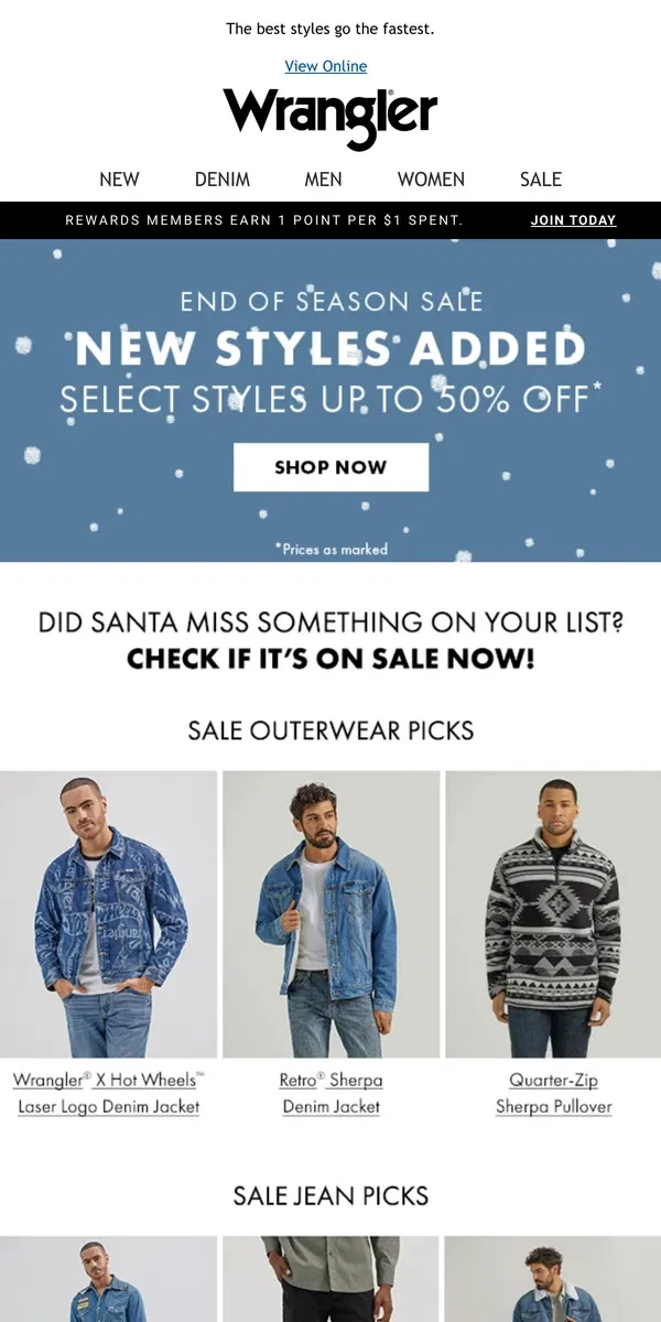 Email from Wrangler. New styles added! Up to 50% off