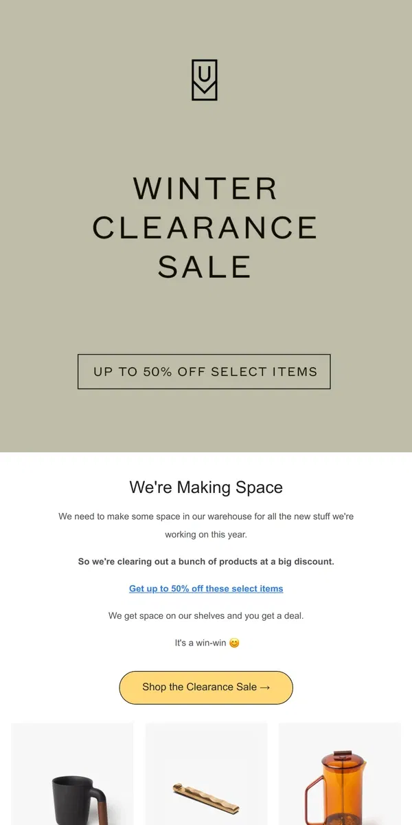 Email from Ugmonk. ❄️ Winter Clearance Sale – Up to 50% Off