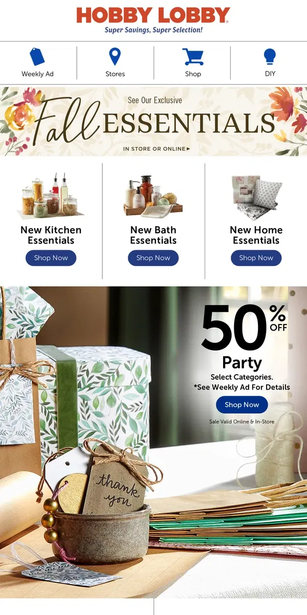 Email from Hobby Lobby. 🎁 Wrap Up Savings – 50% Off Party