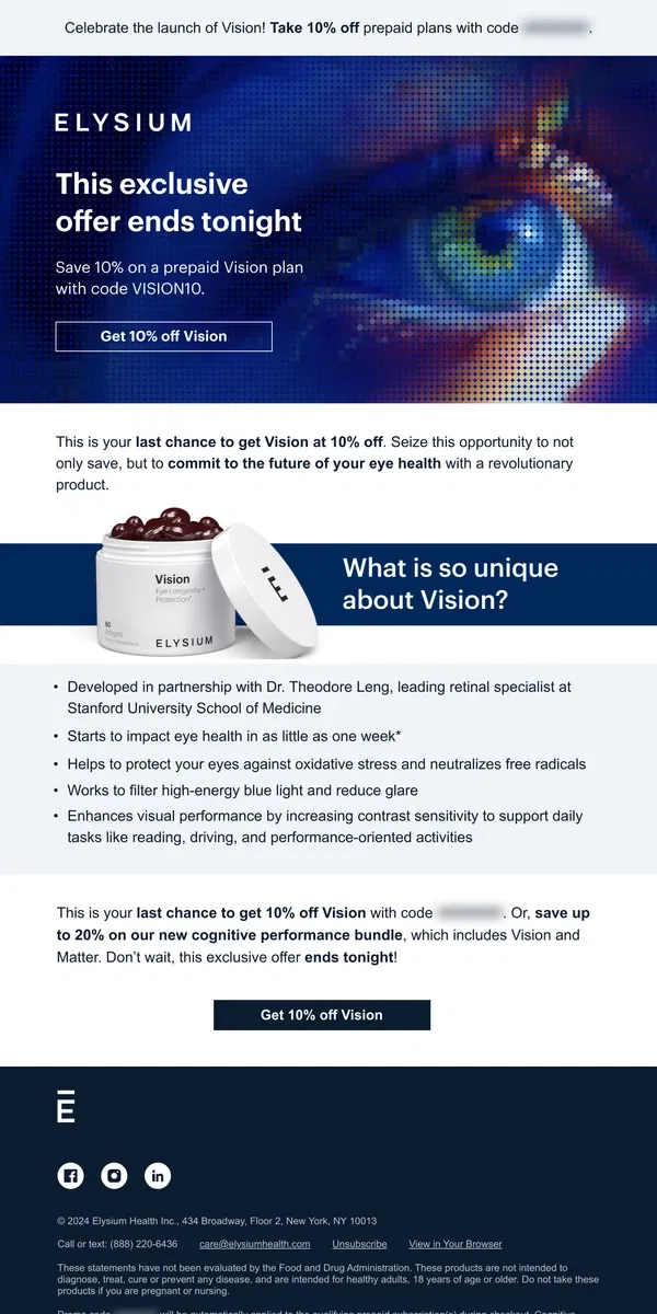 Email from Elysium Health. ENDS TONIGHT 🕛 10% off Vision