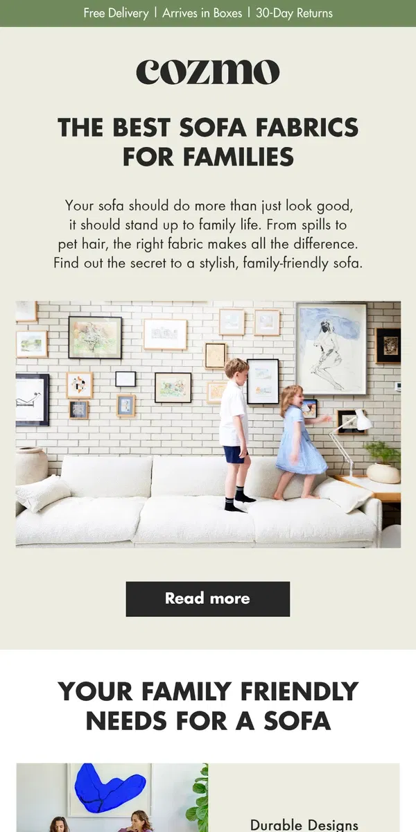 Email from Cozmo Home. How to choose the perfect sofa fabric